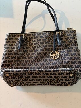 Michael Kors Brown MK Monogram Tote with Black Handles and Gold Charm